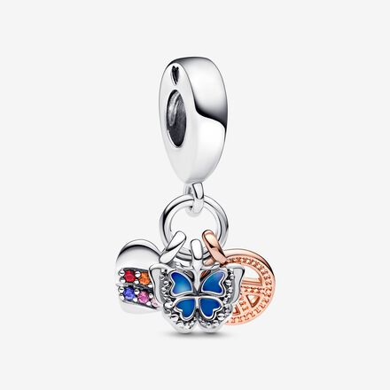 CHARM COLGANTE Triple Corazón Arcoíris en Dos Tonos, Mariposa y Paz